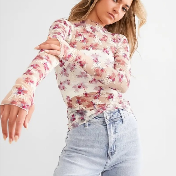 Tops - 82. Pink & Ivory Floral Mesh Long Sleeve Top